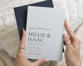 Powder Blue Wedding Invitations with Navy Envelopes, Minimalist Typography Wedding Invites, Elegant Custom Wedding Invitation