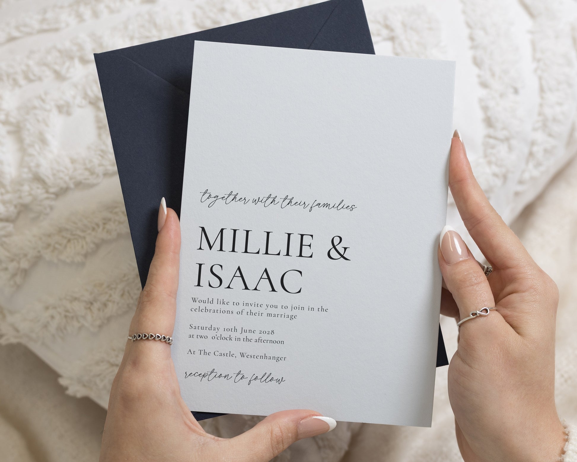 Powder Blue Wedding Invitations with Navy Envelopes, Minimalist Typography Wedding Invites, Elegant Custom Wedding Invitation