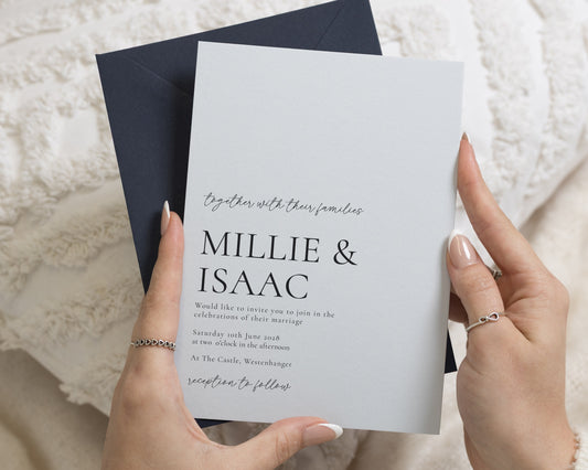 Powder Blue Wedding Invitations with Navy Envelopes, Minimalist Typography Wedding Invites, Elegant Custom Wedding Invitation