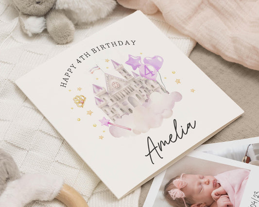 4th Birthday Card for Girl, Personalised Princess Castle Birthday Card, Birthday Card for Daughter, 4th Birthday Card for Granddaughter
