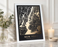 Personalised Gold Foil Map Print, Custom Location Map, Black Wall Art, New Home Gift, White Framed Portrait Wall Art