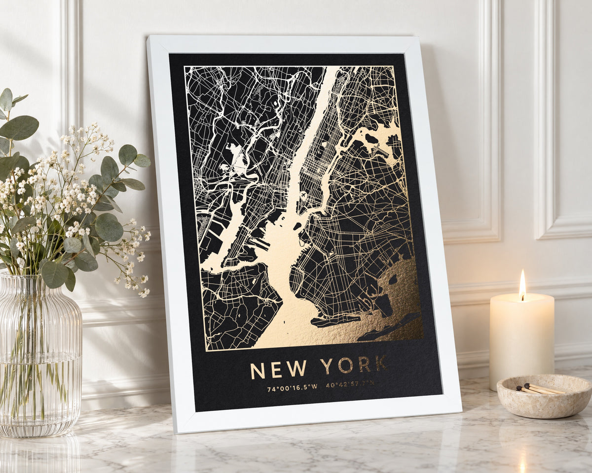 Personalised Gold Foil Map Print, Custom Location Map, Black Wall Art, New Home Gift, White Framed Portrait Wall Art