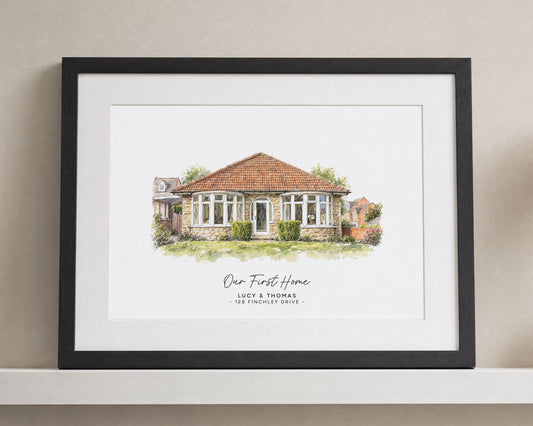 Personalised House Portrait Print, Our First Home Wall Art, New Home Gift, House Warming Gift, Custom Address Print, Black Frame