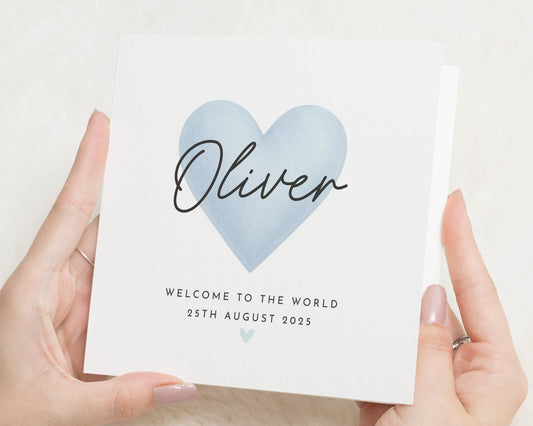 Personalised New Baby Card, Welcome To The World Card, Baby Boy Card, Custom Name Card, New Baby Card For Boy, Blue Heart Card