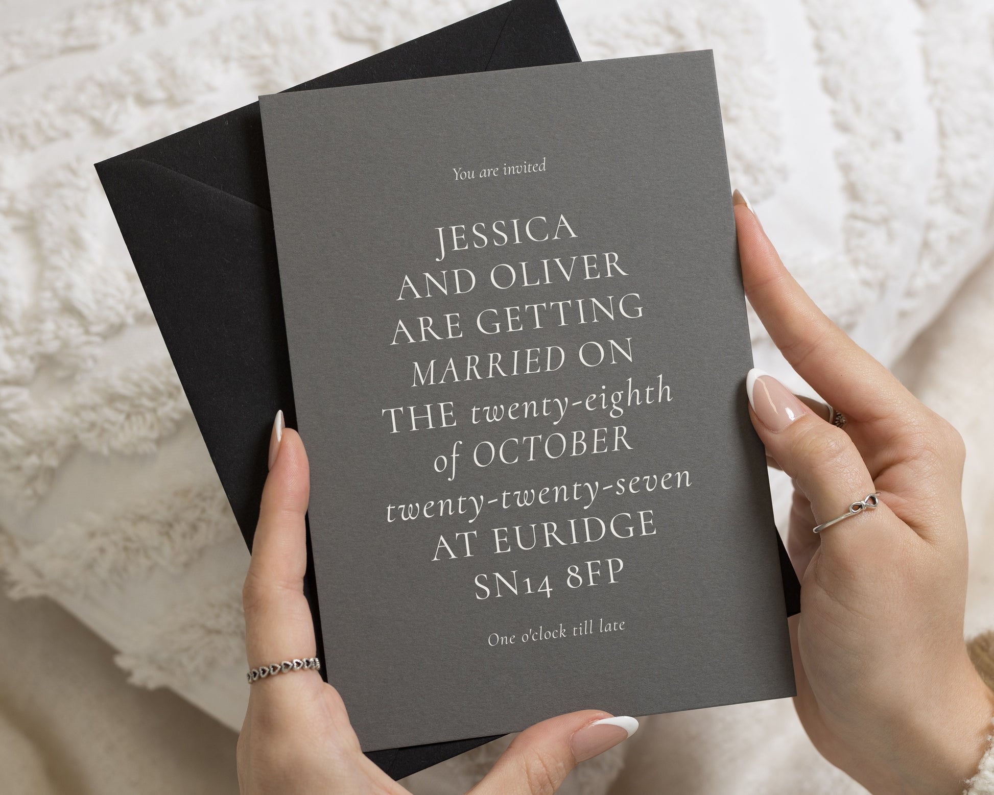 Charcoal Grey Wedding Invitations with Black Envelopes, Minimalist Wedding Invites, Elegant Typography, Personalised Invitation Suite