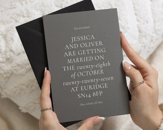 Charcoal Grey Wedding Invitations with Black Envelopes, Minimalist Wedding Invites, Elegant Typography, Personalised Invitation Suite