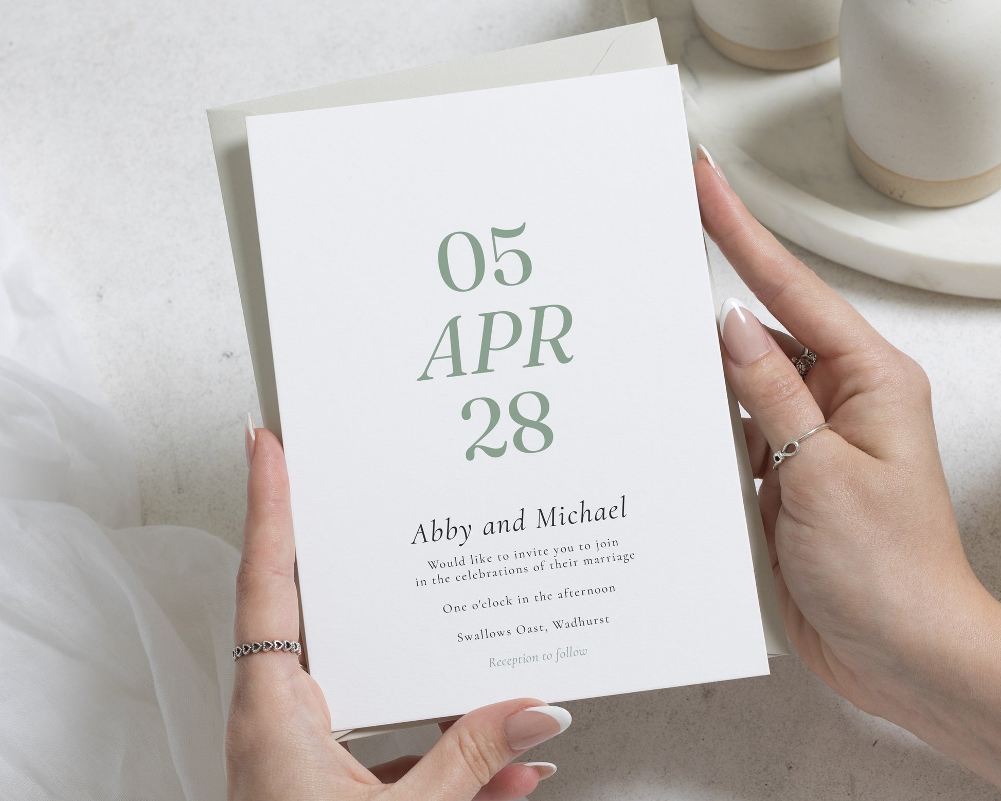 Sage Green Wedding Invitations, Minimalist Date Wedding Invite, Elegant Typography Wedding Stationery, Personalised Invitation Suite