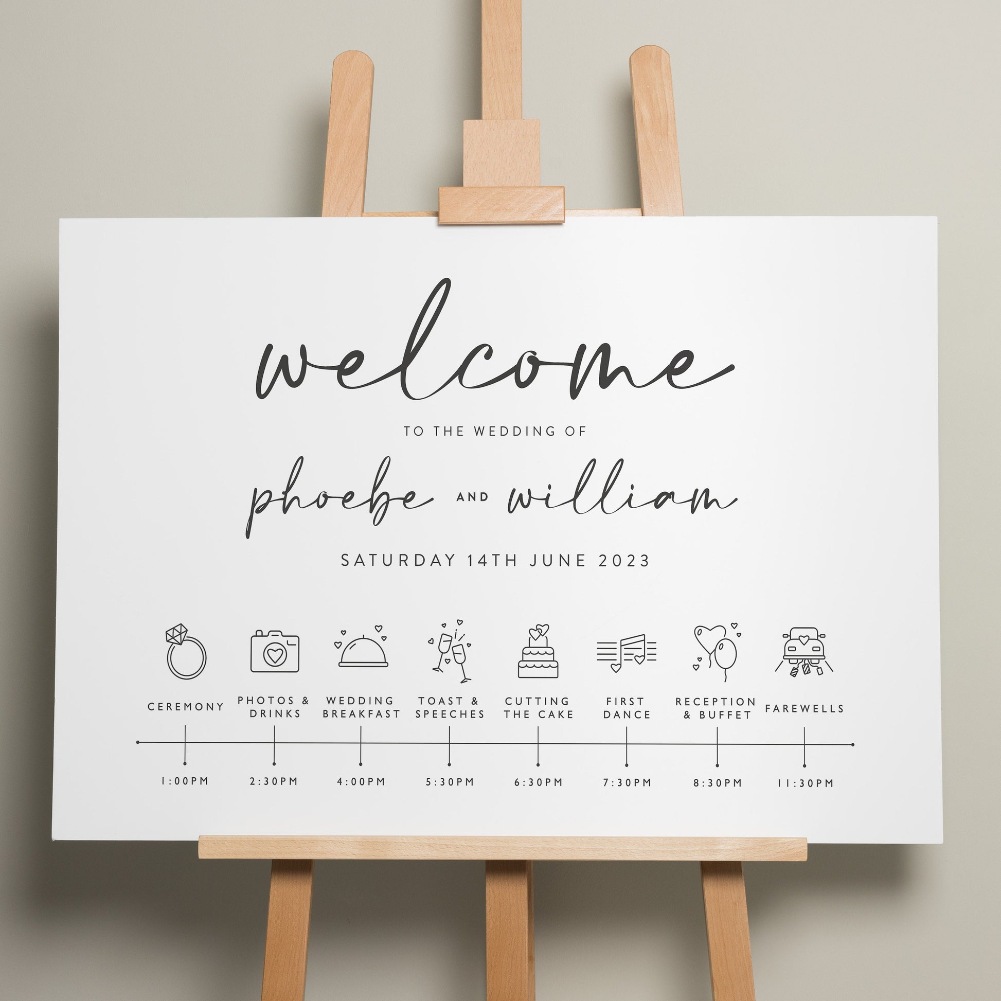 A1 Modern Wedding Itinerary Timeline Sign, Personalised Wedding Order of the Day, Order Of Wedding Day Sign, Order Of Events Sign &#39;Phoebe&#39;