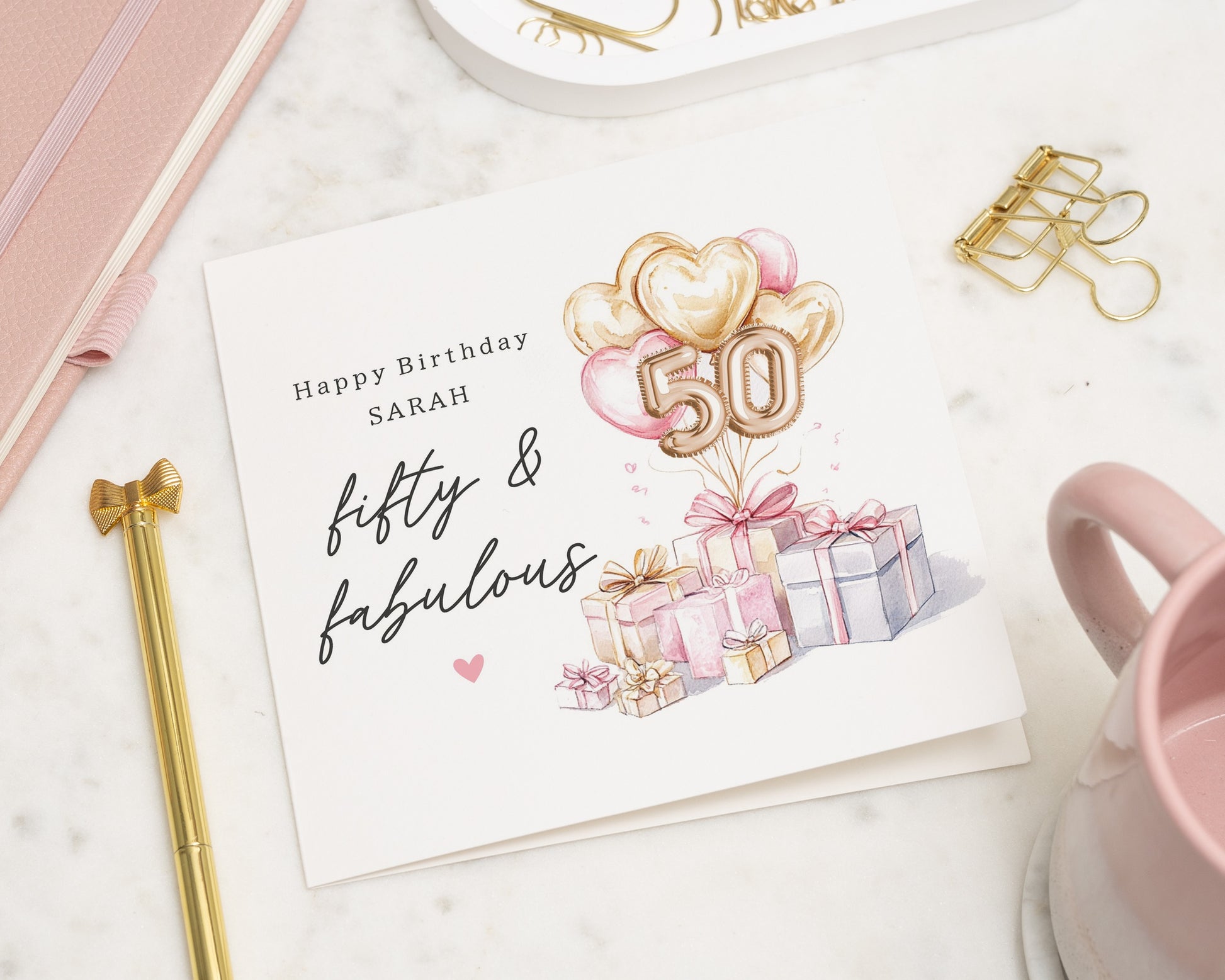 50th Birthday Card for Her, Personalised Birthday Card, Fifty and Fabulous Card, Birthday Card for Friend, Balloon Birthday Card