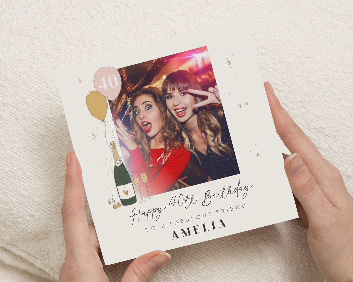 40th Birthday Card for Friend, Personalised Photo Birthday Card, Birthday Card for Her, Friend 40th Card, Champagne Birthday Card
