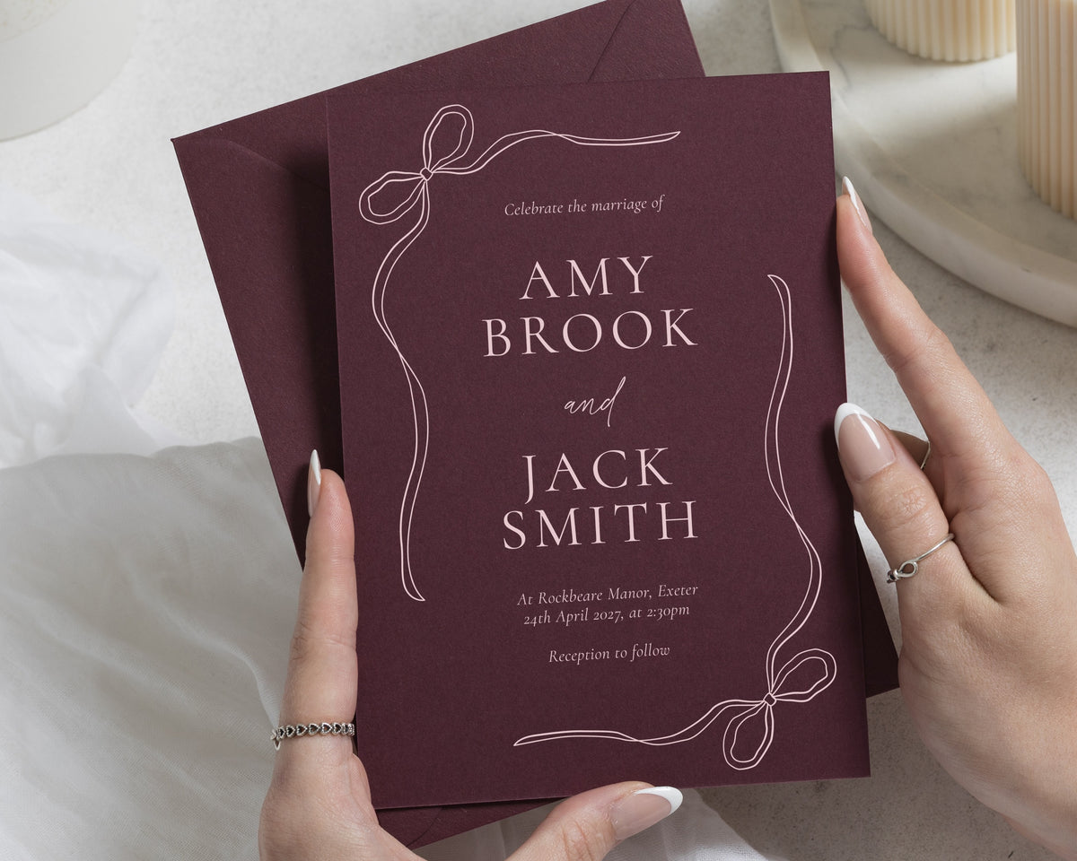 Burgundy Wedding Invitations, Bow Wedding Invites, Romantic Ribbon Invitation, Elegant Personalised Wedding Stationery