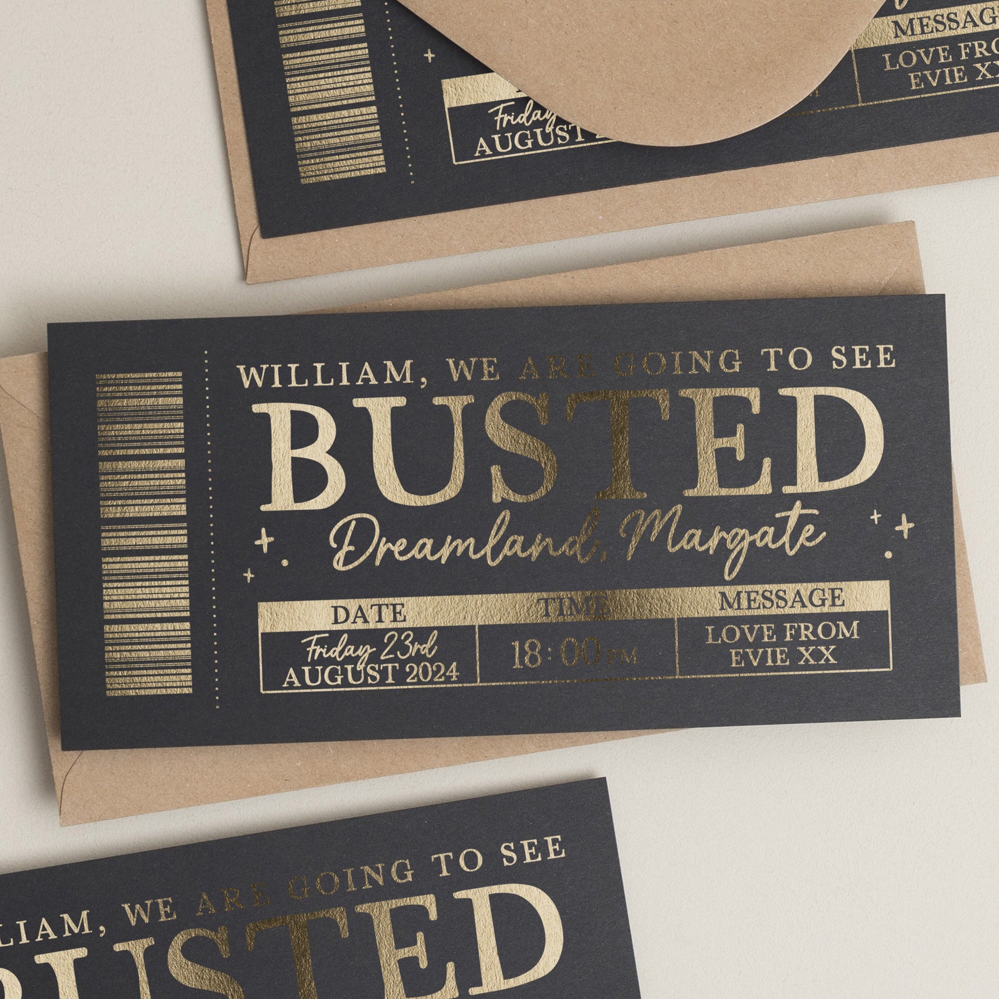 Busted Gig Ticket Gift Voucher, Personalised Gold Foil Scratch Gift Voucher, Scratch Reveal Gift, Scratch To Reveal, Gig Ticket