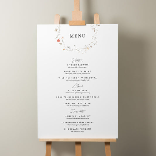 Wildflower Menu Wedding Sign, Wedding Food Menu Sign, Floral Wreath Wedding Sign, Guest Sign For Menu, Minimalist Wedding Sign &#39;Annie&#39;