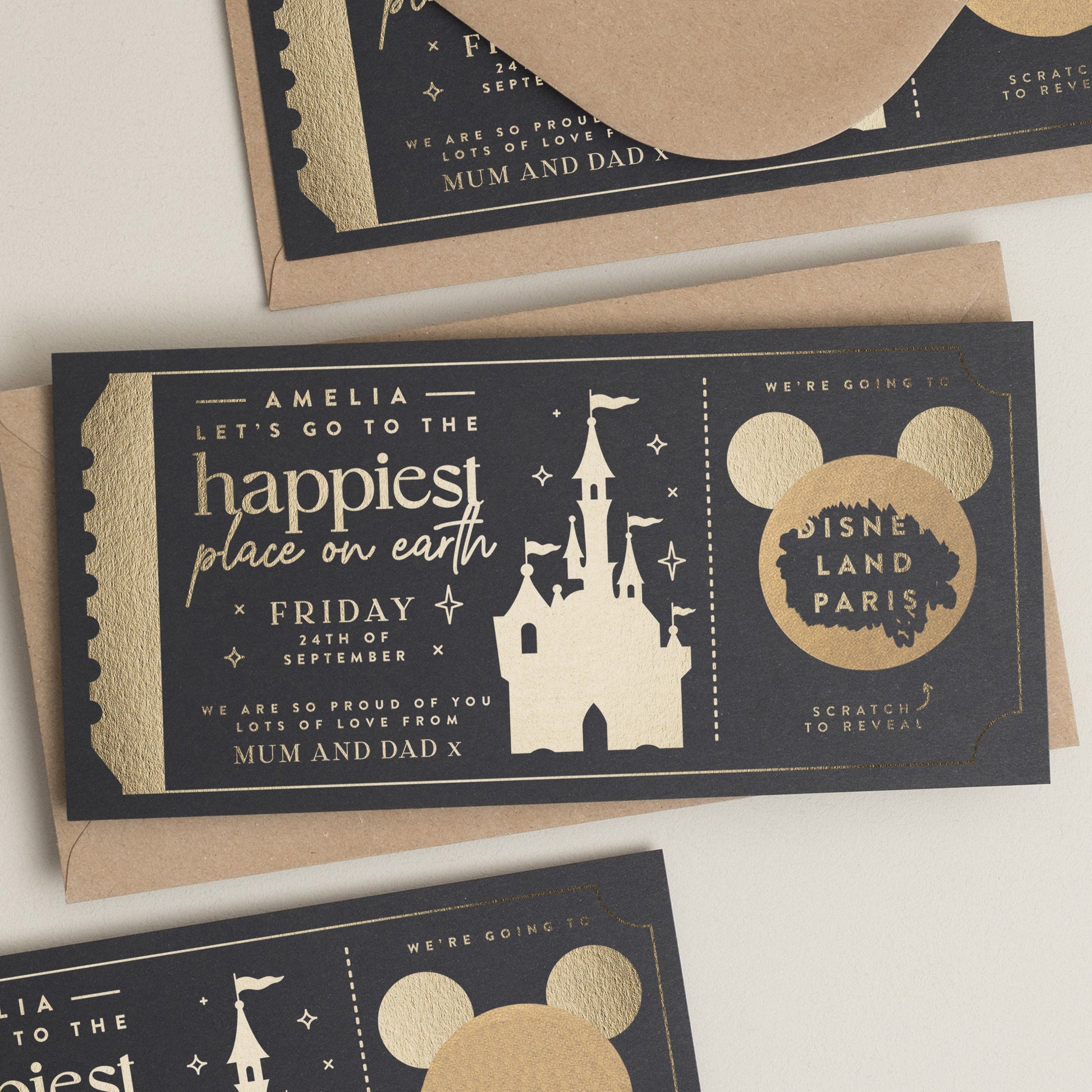 Scratch To Reveal Holiday Gift Voucher, Disney Voucher, Travel Ticket Gold Foil Voucher, Holiday Scratch Reveal, Scratch Card Gold Ticket