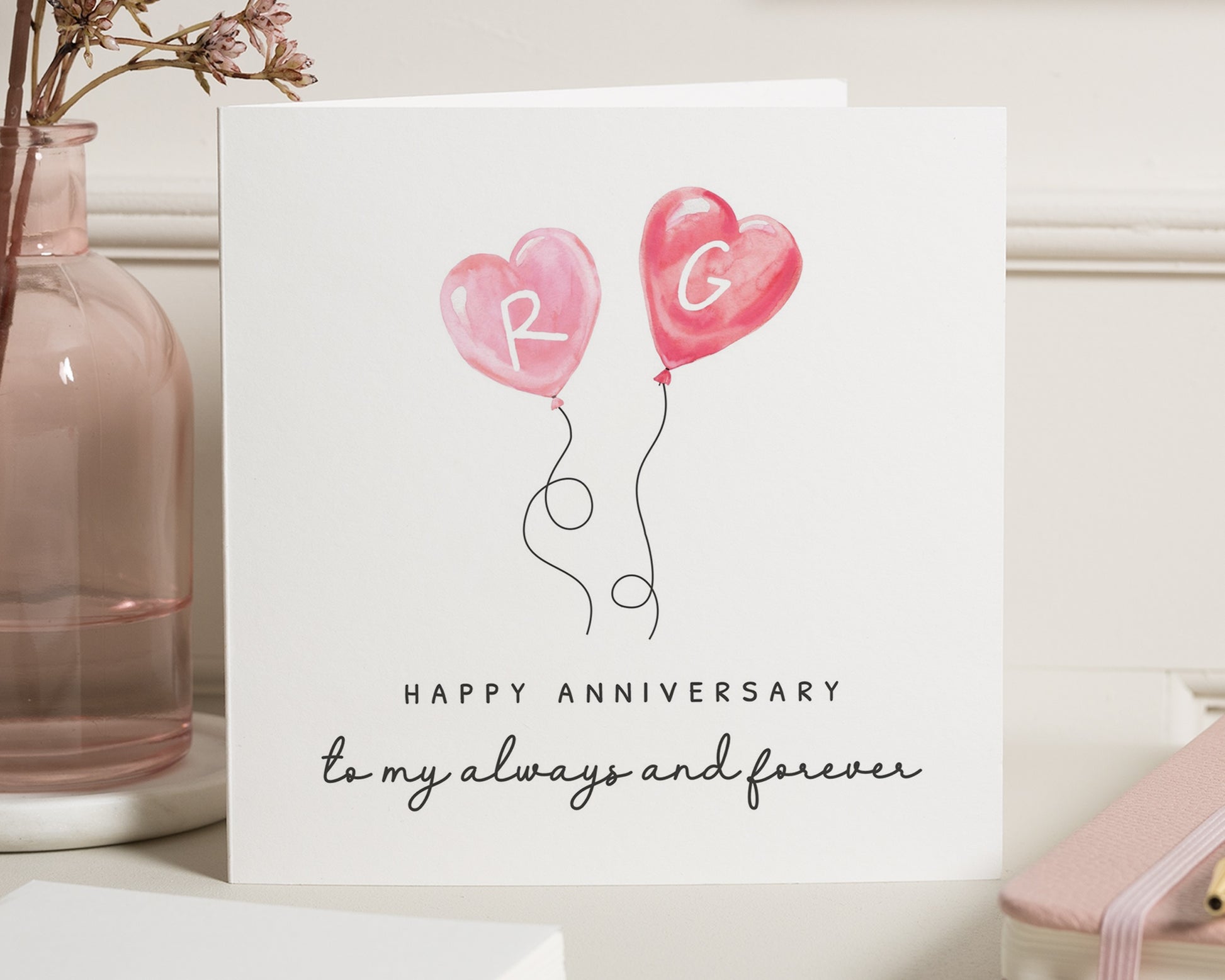 Anniversary Card, Personalised Anniversary Card, Romantic Card for Couples, Custom Heart Balloons Card, Always and Forever Card
