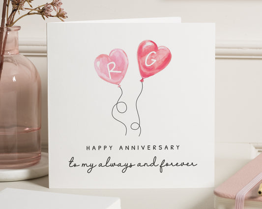 Anniversary Card, Personalised Anniversary Card, Romantic Card for Couples, Custom Heart Balloons Card, Always and Forever Card