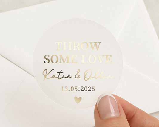Wedding Stickers, Throw Some Love Stickers, Personalised Wedding Labels, Gold Foil Wedding Stickers, Custom Wedding Favour Stickers