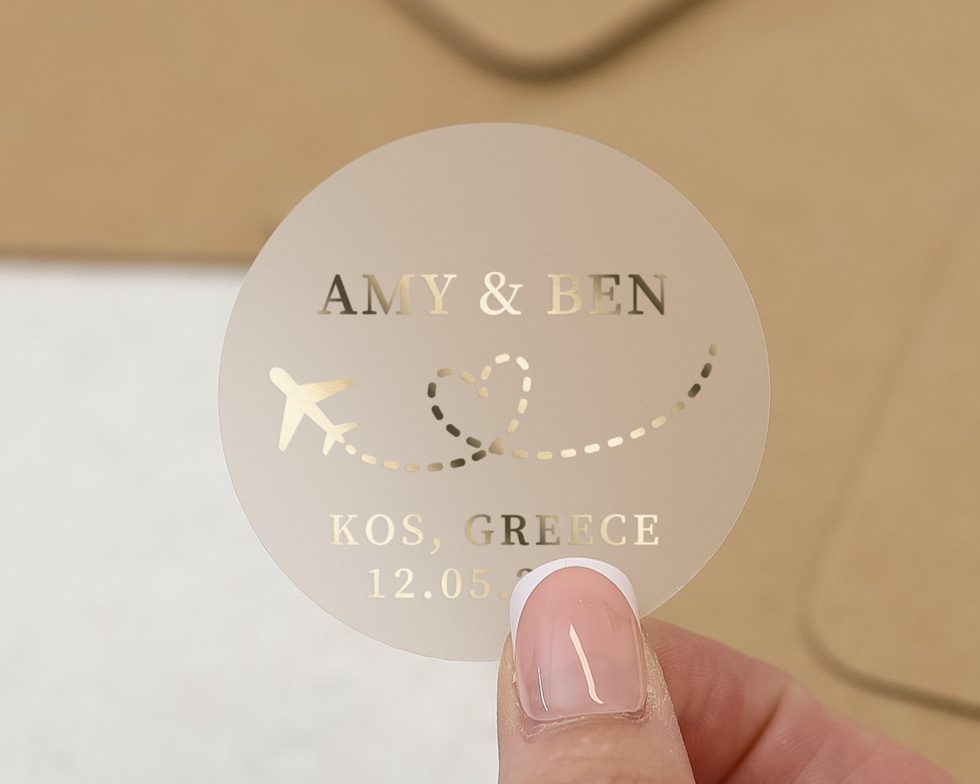Personalised Wedding Sticker, Gold Foil Wedding Label, Custom Name Location Date, Destination Wedding Sticker, Travel Wedding Favour