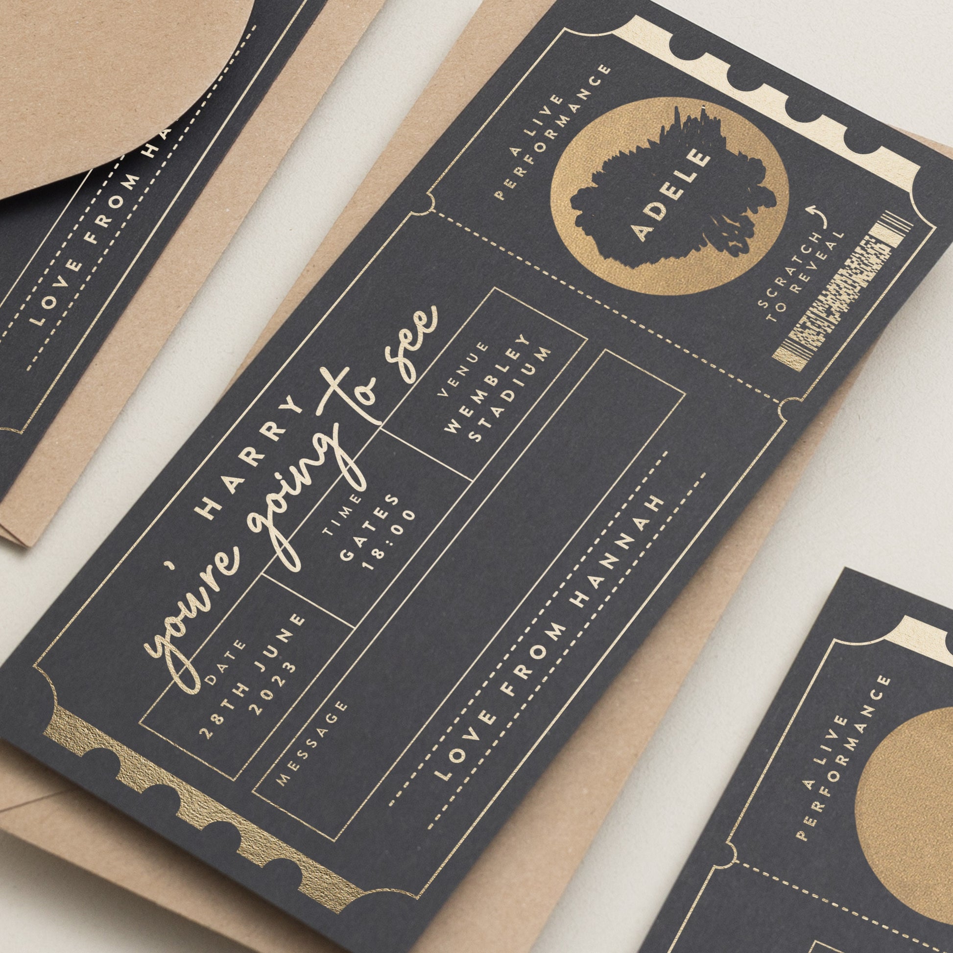 Personalised Gold Foil Scratch Gift Voucher, Gig Ticket Gold Foil Gift Voucher, Scratch Reveal Gift, Scratch To Reveal, Gig Gig Ticket