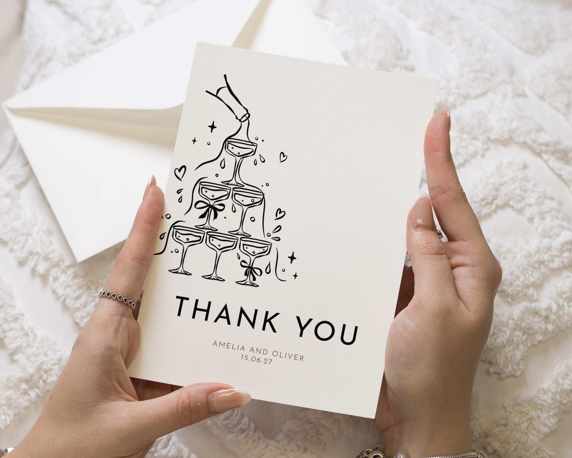 Personalised Wedding Thank You Cards, Wedding Thank You Cards, Folded Wedding Thank You Cards, Champagne Tower Thank You Card, Minimal