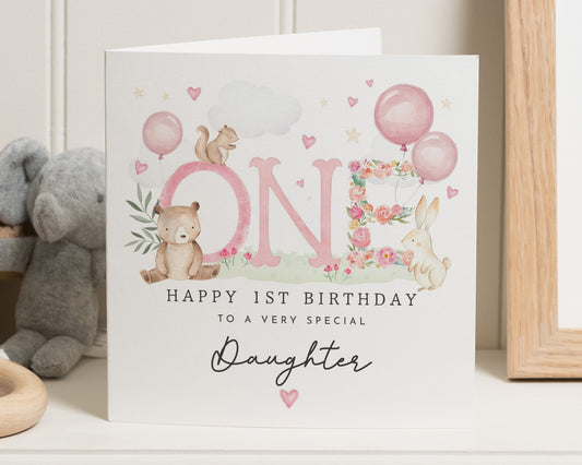 1st Birthday Card for Daughter, First Birthday Card, Birthday Card for Girl, Daughter Birthday Card, Cute Woodland Animal Birthday Card