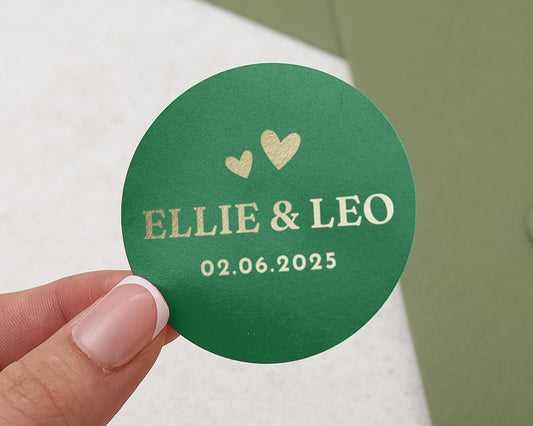Personalised Wedding Sticker, Custom Names and Date, Green Gold Foil, Wedding Envelope Seal, Engagement Party Sticker, Favour Label