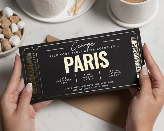 Personalised Paris Gift Voucher, Pack Your Bags Ticket, Holiday Reveal, Gold Foil, Gift For Her, Birthday Surprise, Travel Gift