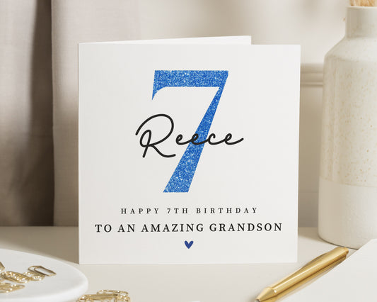 7th Birthday Card for Grandson, Personalised Grandson Birthday Card, Birthday Card for Boy, Custom Name Card, Blue Birthday Card