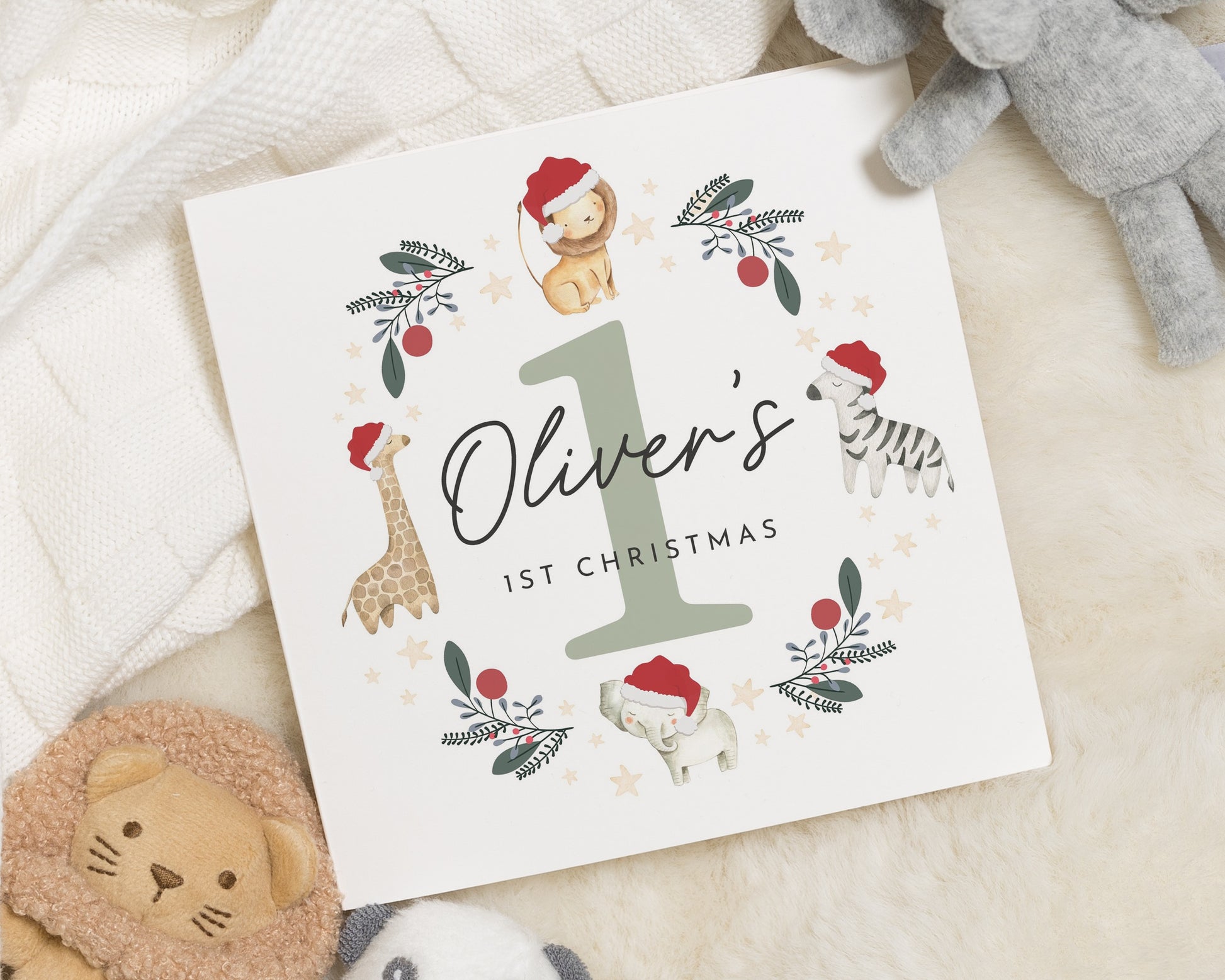 1st Christmas Card for Boy, Personalised Baby Christmas Card, Safari Animal Christmas Card, First Christmas Card, Cute Baby Card