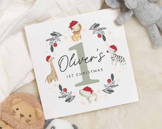 1st Christmas Card for Boy, Personalised Baby Christmas Card, Safari Animal Christmas Card, First Christmas Card, Cute Baby Card