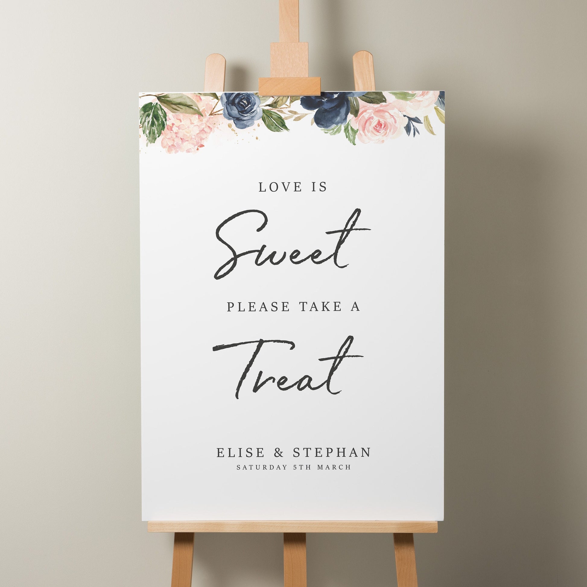 Floral Wedding Sign, Sweet Table Wedding Sign, Blush Pink And Navy Wedding Sign, Wedding Sweet Station Sign, Modern Signage &#39;Elise&#39;