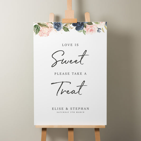 Floral Wedding Sign, Sweet Table Wedding Sign, Blush Pink And Navy Wedding Sign, Wedding Sweet Station Sign, Modern Signage &#39;Elise&#39;