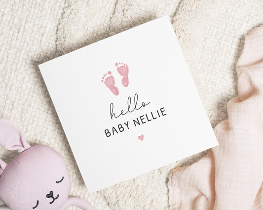 New Baby Card, Personalised Baby Card, Baby Girl Card, Hello Baby Card, Custom Baby Name Card, Baby Shower Card, Baby Footprint Card