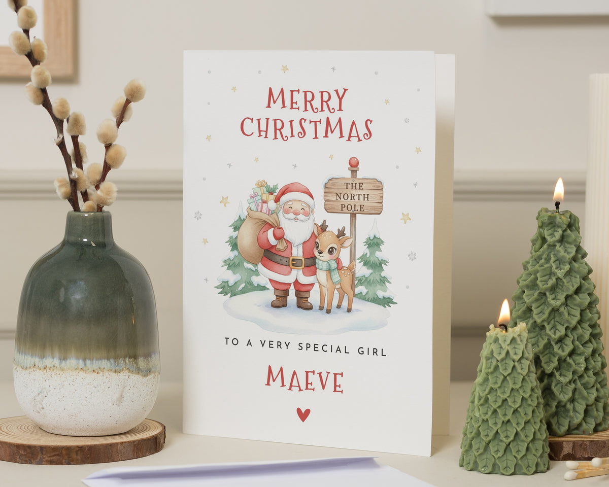 Personalised Christmas Card for Girl, Girls Christmas Card, Santa Reindeer Card, Daughter Christmas Card, Granddaughter Xmas Card