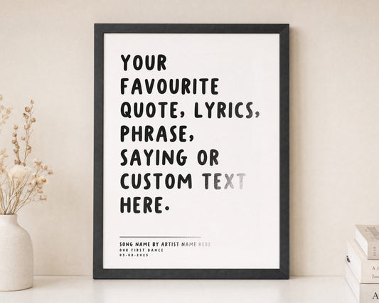 Personalised Song Lyrics Print, Custom Quote Wall Art, Off White Wedding Gift, First Dance Print, Black Framed Wall Art