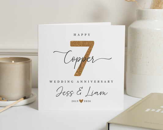 Anniversary Card, 7th Anniversary Card, Copper Wedding Anniversary Card, Personalised Anniversary Card, Card for Couple, Card for Him Her