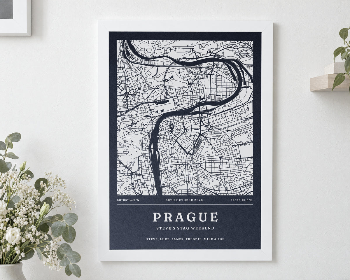 Personalised Map Print, Custom Location Map, Navy Blue Wall Art, Stag Weekend Gift, Travel Keepsake, White Framed Print