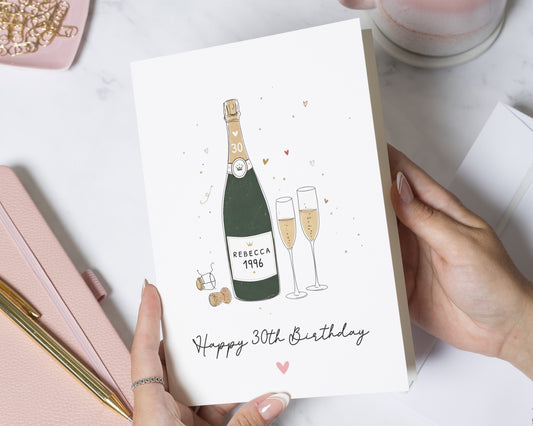 30th Birthday Card for Her, Personalised 30th Birthday Card, Champagne Birthday Card, Custom Birthday Card for Friend, Sister, Daughter