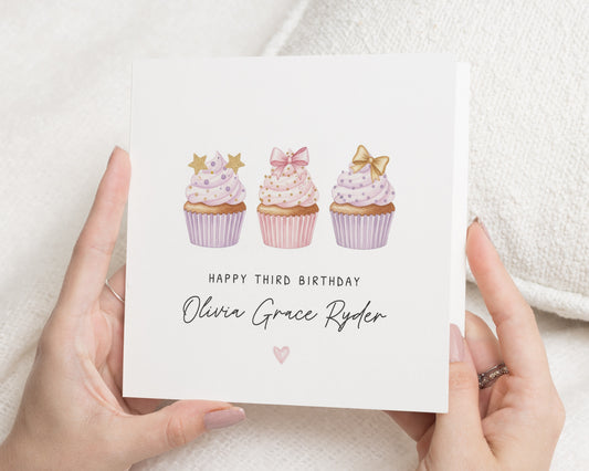 Third Birthday Card, Personalised 3rd Birthday Card, Birthday Card for Girl, Cupcake Birthday Card, Cute Birthday Card for Daughter