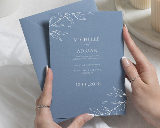 Dusty Blue Wedding Invitations, Botanical Line Art Wedding Invites, Blue Grey Wedding Stationery, Elegant Personalised Invitation Suite