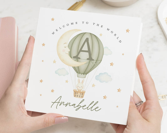 New Baby Card, Personalised Baby Card, Welcome To The World Card, Baby Girl Card, Custom Name Card, Hot Air Balloon Card, Bunny Card