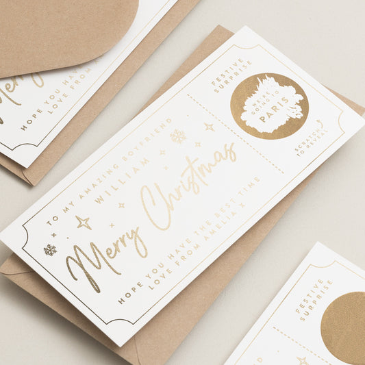 Personalised Christmas Gold Foil Scratch Gift Voucher, Gold Foil Scratch Voucher, Christmas Gift, Scratch To Reveal, Gift Experience Ticket