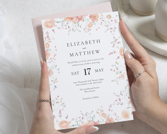 Blush Floral Wedding Invitations, Watercolour Wildflower Wedding Invites, Botanical Garden Invitation Suite, Personalised Invite