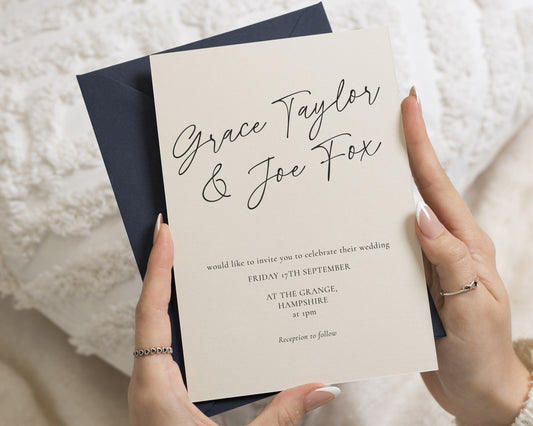 Calligraphy Wedding Invitations with Navy Envelopes, Ivory Minimalist Wedding Invites, Elegant Personalised Invitation Suite
