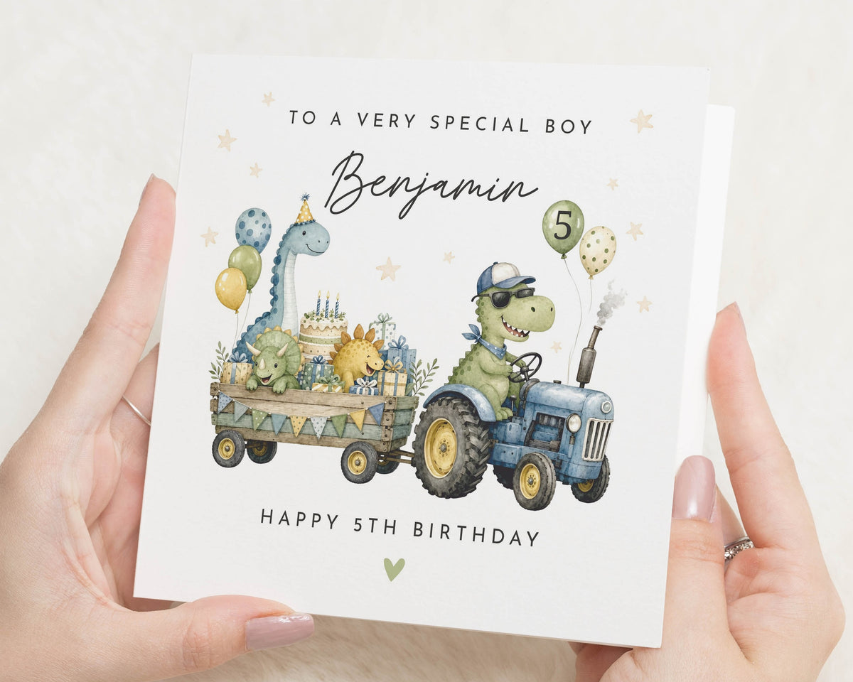 Personalised 5th Birthday Card for Boy, Dinosaur Birthday Cards, Tractor Birthday Card, Birthday Card for Son, Nephew Grandson