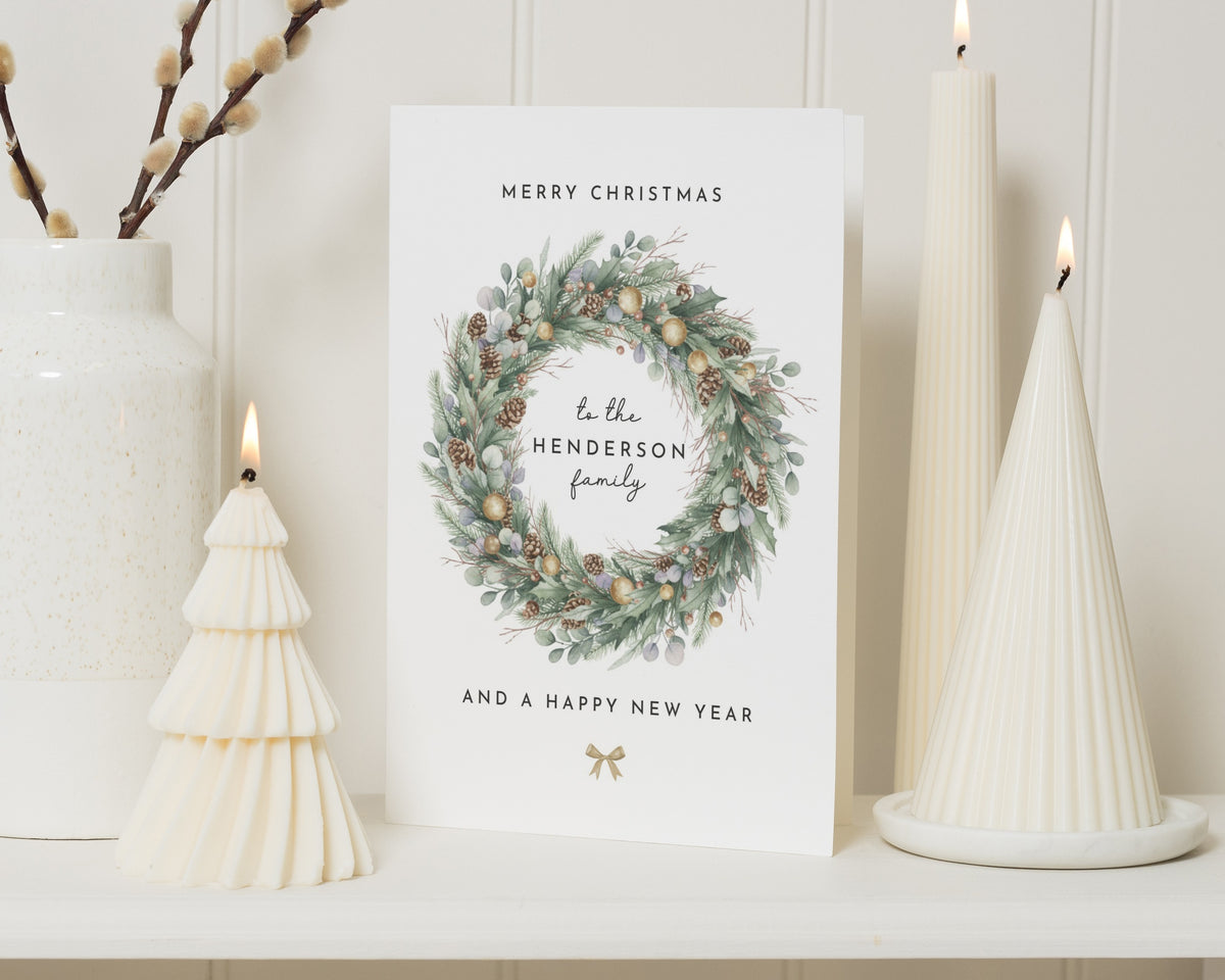 Personalised Christmas Card for Family, Family Christmas Cards, Merry Christmas Card, Christmas Wreath Card, Happy New Year Card