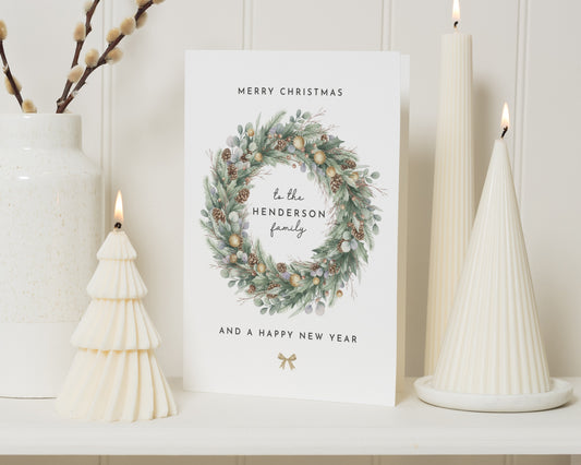 Personalised Christmas Card for Family, Family Christmas Cards, Merry Christmas Card, Christmas Wreath Card, Happy New Year Card