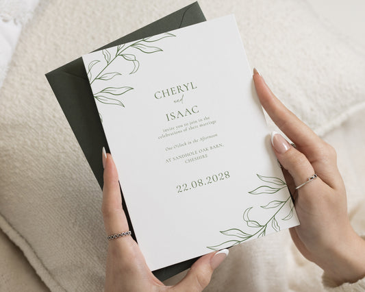 Botanical Wedding Invitations, Greenery Wedding Invite, Forest Green Invitation Suite, Simple Elegant Personalised Wedding Stationery