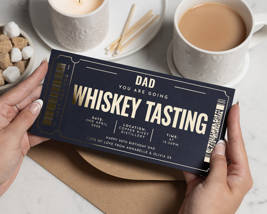 Personalised Whiskey Tasting Gift Voucher for Dad, Birthday Experience, Gold Foil Ticket, Custom Gift for Him