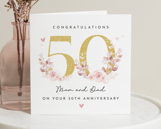 50th Anniversary Card for Mum and Dad, Golden Wedding Anniversary Card, Personalised Floral Anniversary Card, Congratulations Card